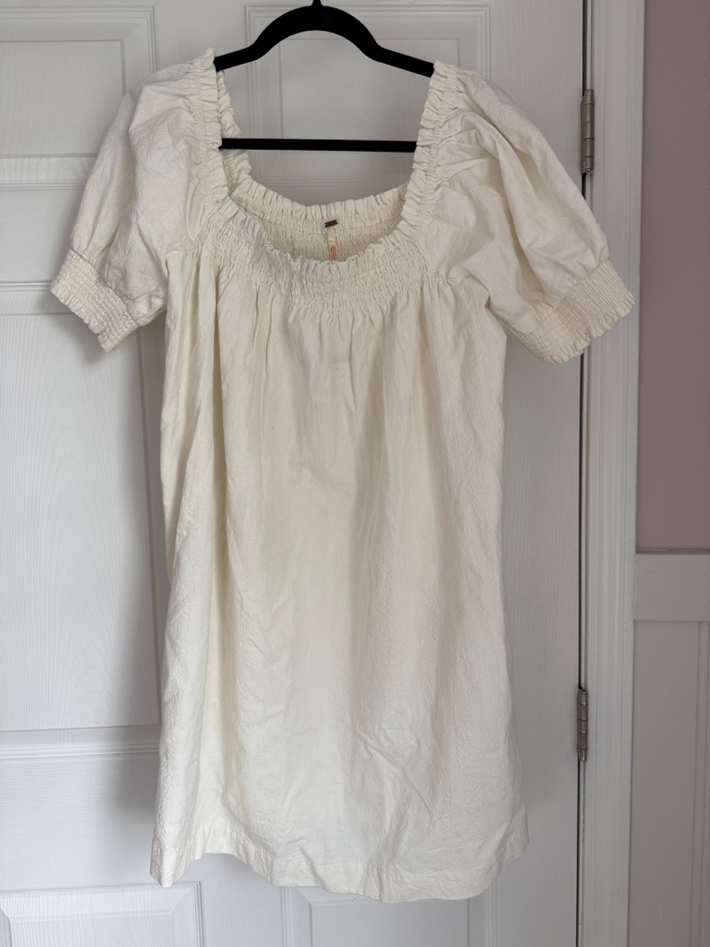 Free People Cream Puff-Sleeve Smocked Neck Dress